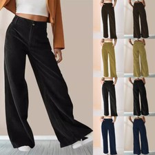 Ladies High Waist Pants Casual Loose Corduroy Pocket Straight Legs Trousers SIZE