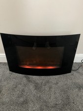 Wall Mounted Electric Fire Fireplace Black Glass Curved LED Flicker Effect Flame