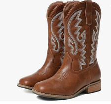 Brown Cowboy Embroidered Western Square Toe Ankle Boots for Little Boys Or Girls