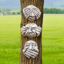 Hear See & Speak No Evil Set Of Gargoyle Funny Face Garden Wall Plaques Tree