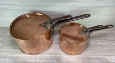 X2 Antique French Copper Saucepans & lids cast iron handles 18CM handmade 2.9KG