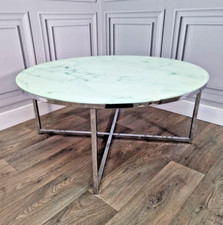 Retro Marble Effect Glass & Chrome Round Coffee Side Table - Mid Century Modern