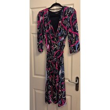 Lauren Ralph Lauren Surplice Wrap Jersey Dress Navy Pink Belted Midi Logo Print