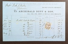 1896 Archibald Duff & Son Coal & Coke Merchants Railway Station Aberdeen Invoice