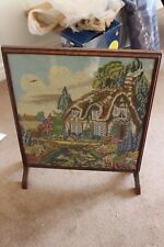 Vintage Tapestry Wooden Fire Screen Thatched cottage design Brown Wood Frame