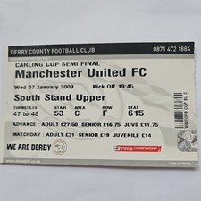 Derby County vs Manchester United  2009  Match Ticket Carling Cup Semi Final 