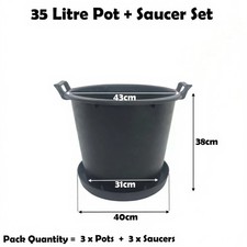 3 x 35 Litre Plant Pot With Saucer Heavy Duty Handles 35L Tree Lt Big Large