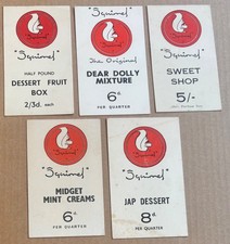 5 X SQUIRREL Shop Display Cards DESSERT FRUIT BOX JAP DESSERT MIDGET MINT CREAMS