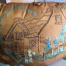 Vintage Gold Satin Thickly Padded Tea Cosy Hand Embroidered Cottage Scene