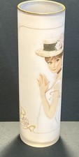 Vintage Satin Cased Glass Tube Vase Young Lady In a Hat Portrait Image 1980s
