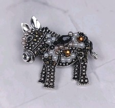 Art Deco Style Black Metal Donkey Brooch Rhinestones & Faux Pearls  3.5cm BNWOT