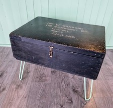 Vintage Merchant Travel Chest Coffee Table  Industrial Pine Storage Hairpin Legs