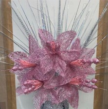 Pink Bunch Of 6 Artificial Glittery Flowers With Sliver Bloomer for Vase