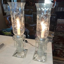 Antique Crystal Hurricane Mantle Lamps Pair Drop Prisms Cut Etched Pineapple