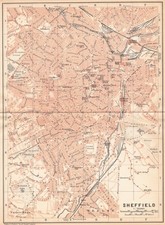 Sheffield map town city Baedeker 1910 antique map, town plan