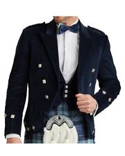 Men's Scottish Navy Blue Velvet Prince Charlie Jacket 3 Button Vest Jacket