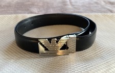 Giorgio Armani Black Leather Belt | Gold Eagle Logo Buckle | Made in Italy