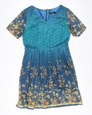 Tenki London Women Blue Floral Fit & Flare Dress Size 12 V-Neck Knee Length