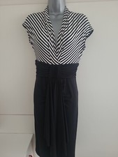 Kate Cooper Black & White Striped Short Sleeved Dress with ruched waist size 10