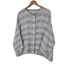 ​Sahara 100% Linen Lagenlook Jacket Geometric Abstract Pattern Grey Navy M/L