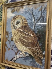 Rare Kitsch Crochet Owl Picture Framed A4 Medium Size Wall Hanging Retro Decor