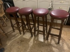 Tall Saloon Bar Stools with Red Leather Seats & Chestnut Colour Wooden Legs. X4