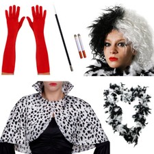 LADIES EVIL DOG LADY SET HALLOWEEN DALMATIAN MOVIE FILM VILLAIN FANCY DRESS