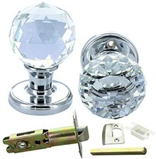 Pair Of Solid Round Crystal Cut Faceted Clear Glass Mortice Door Knobs 60mm Chr