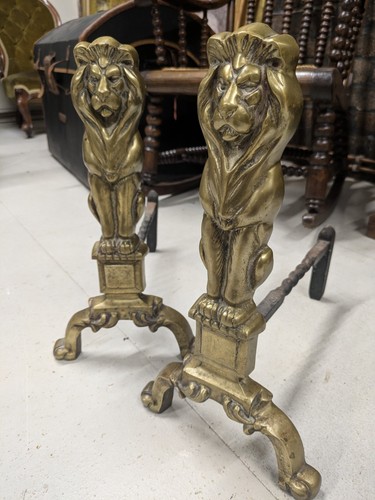 Antique brass lion fire - antique, dogs
