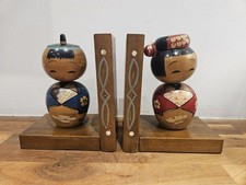Set Of Wooden Japanese Kokeshi Bobble Head Doll Bookends