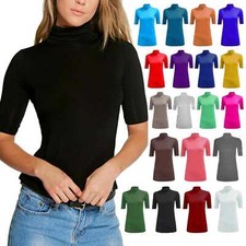 Women Ladies Short Sleeve Turtle Polo Roll Neck Plain Stretch T-Shirt Top Jumper