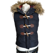 Abercrombie & Fitch Y2K Size UK XS Navy Puffer Gilet Faux Fur Hood 2000s