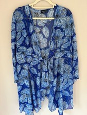 Saloos Womens Kimono Cover Up Beach Size 14 16 Blue Floral Chiffon