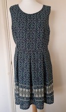 Tenki Navy Blue / Green Floral Sleeveless Skater Sundress Size UK 14 Lined