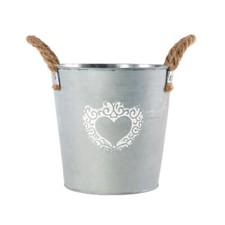 Zinc Tin Pail Plant Pot 18cm Heart Print Planter With Rope Handles Home Bucket