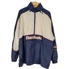 Reebok Jacket Large Men's Beige / Blue Polyester Vintage Pullover Zip Up 90s