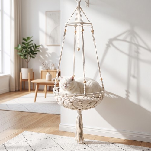 Hand macrame cat hammock - hand, bed