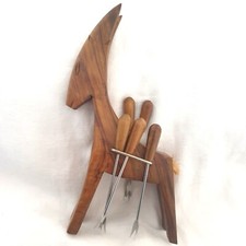 MCM 60s Wooden Horse Donkey Fondue Olive Aperitifs Set Forks Retro