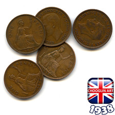 Set of (x5) BRITISH 1938 GEORGE VI PENNY 1d coins, 87 Years Old!