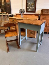 Child’s painted blue traditional vintage school desk from 1950’s & chair