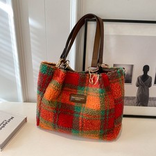 Women Plaid Plush Bag Fashion Large Capacity Shoulder Bag Tote Bag