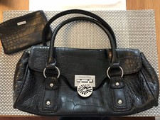 GRACIE MAE BLACK FAUX LEATHER SNAKESKIN HANDBAG With PURSE. Mint Green Lining