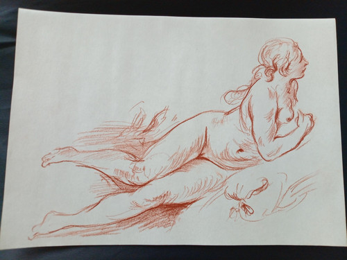 Red chalk pencil drawing nude - chalk,