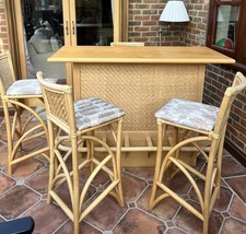 Vintage Retro Rattan Bamboo Bar With Bar Stools