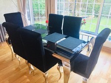 Black Glass Dinning Table with 6 Velvet Black Chairs Chrome Matching Legs Set