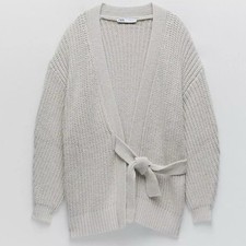 ZARA Pearl Grey Cardigan Chunky Knit Side Wrap Tie Waist Sweater Jumper / Size M