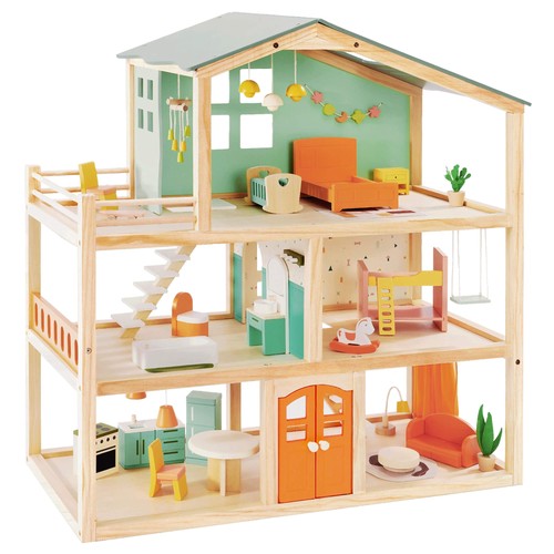 Large wooden dollhouse with - wooden,