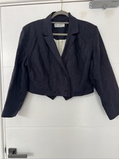 Betty Jackson Short Waist Navy Linen Jacket. Bee Buttons. Appliqué Flowers. 14