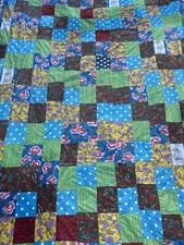 VINTAGE HAND STITCHED HANDMADE BLUE GREEN EIDERDOWN QUILT PATCHWORK BED THROW