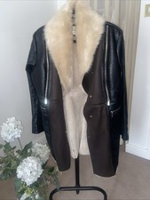 RIVER ISLAND Brown and Black Faux Leather Coat With Cream Fur Collar